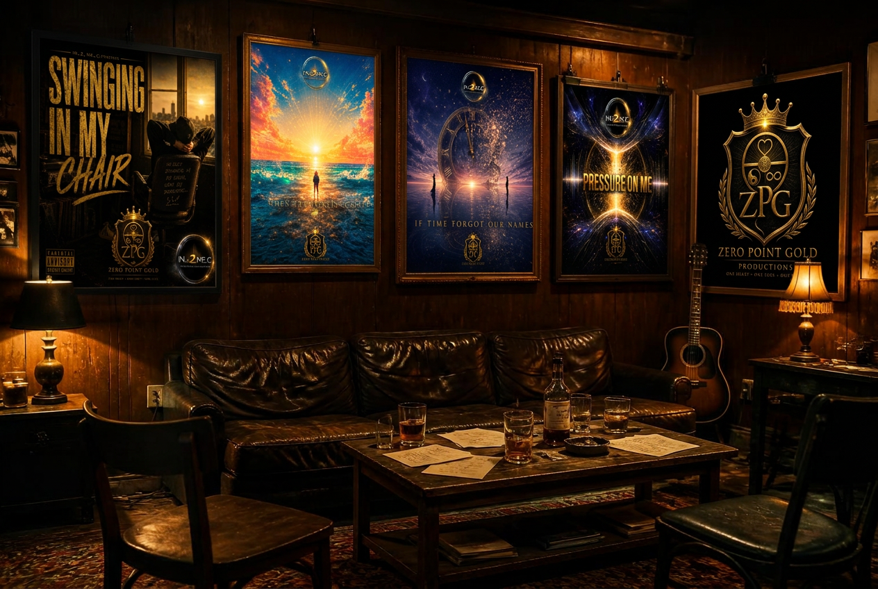 The Green Room — a warm backstage lounge with framed single covers on the walls